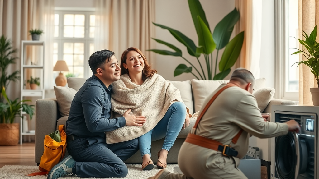 Family feeling cozy in living room after fast HVAC repair service