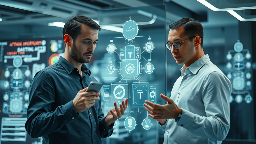 AI analytics workflow diagram with professionals reviewing transparent digital screens and data nodes