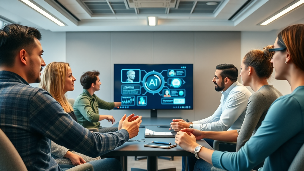 interactive training team learning ai tools, modern workspace, natural skin tones, collaborative, ai tools for small businesses