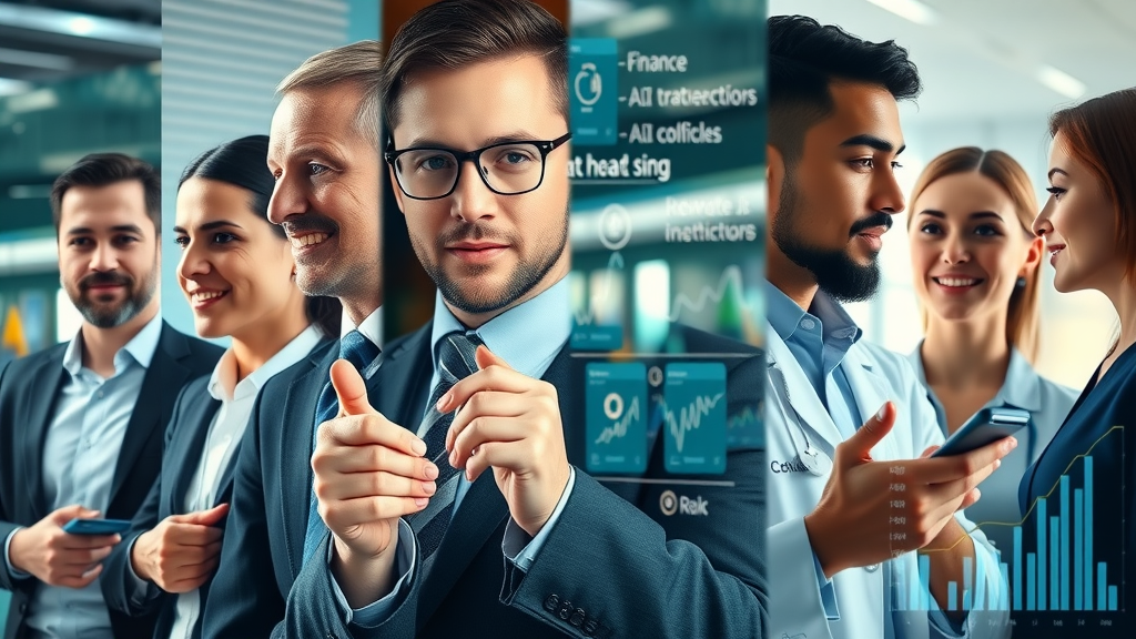 Collage of finance, retail, and healthcare leaders applying AI analytics in vibrant industrial settings