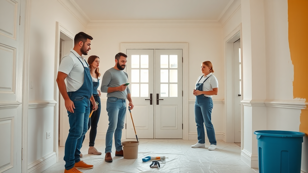 Team of house painters inspecting a flawless, freshly painted interior for quality.