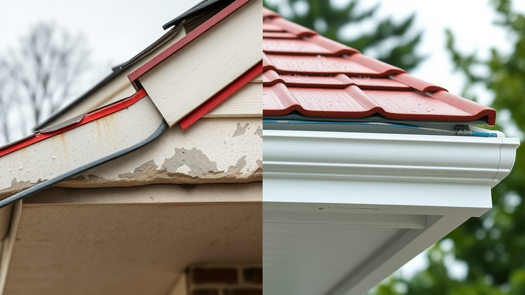 close-up comparison of old versus new seamless gutters and fascia installation, one side aged and peeling, other new and pristine, raindrops on the new gutters, main keyword: seamless gutters, fascia gutters