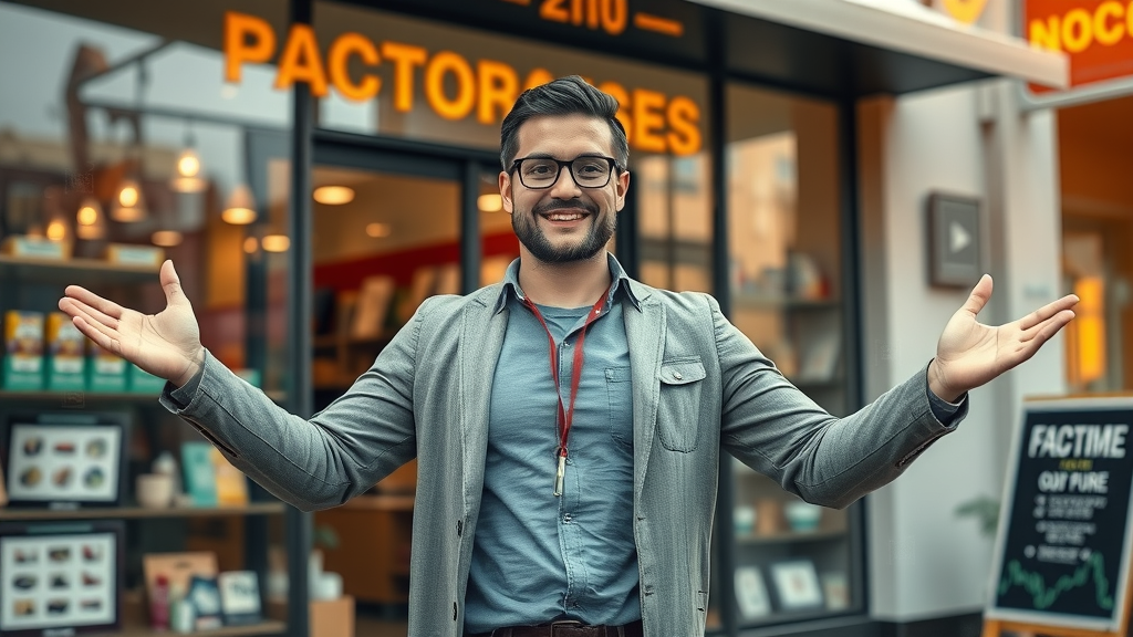Confident small business owner in front of shop, with digital AI overlay signifying future-proof AI strategy