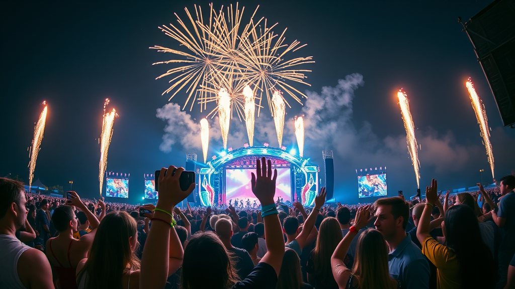 Magical Lehigh Valley music festival night, illuminated stage, fireworks and crowd
