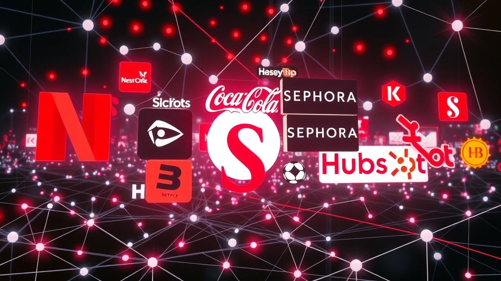 Logos of Netflix, Coca-Cola, Sephora, and HubSpot connected by digital networks representing AI in marketing success