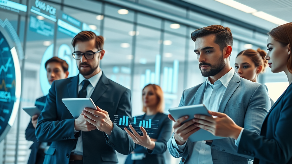 AI-powered sales optimization in a modern sales team open office, team reviewing predictive analytics on digital dashboards
