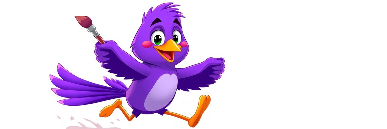 Cheerful cartoon purple bird mascot house painter with brush in action.