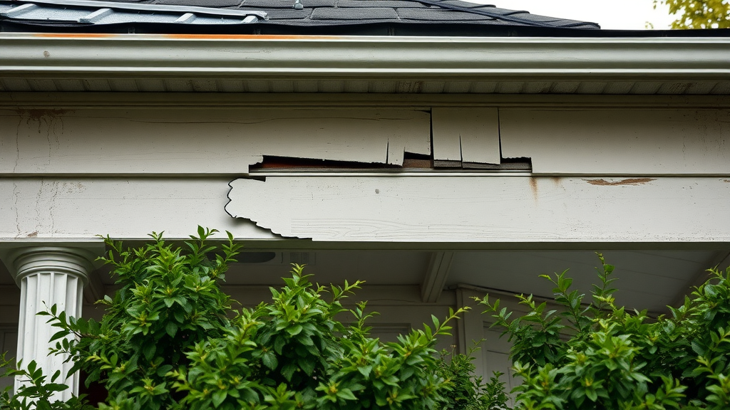 damaged soffit and fascia board with visible water stains and sagging gutter, clear signs of neglect, photorealistic lifelike, old home facade, rain droplets, natural desaturated colors, main keyword: soffit, fascia, gutters
