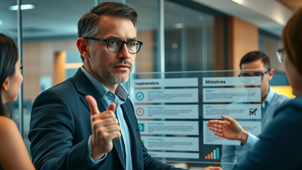 Sales leader guiding team through AI-powered sales optimization implementation via digital action plan