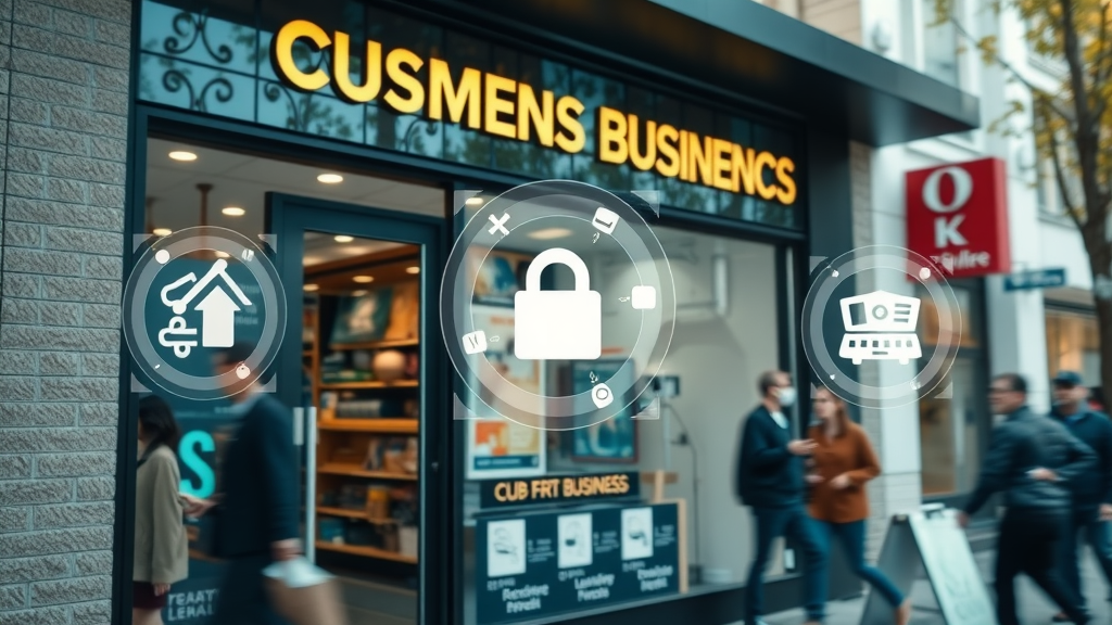 Modern small business storefront with digital icons for customer experience, agility, leadership, workforce, and technology