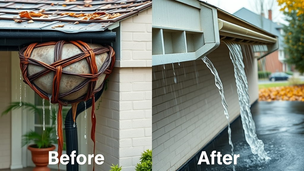 Rain gutter before and after cleaning, showing clogged vs. flowing gutter system