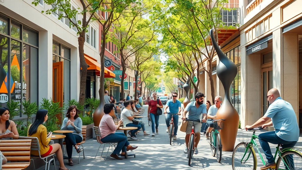 vivid street scene in downtown Salt Lake City, people at cafes, modern art, and urban greenery – salt lake, utah