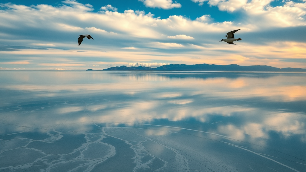 dramatic aerial landscape of the Great Salt Lake with birds and salt flats – salt lake, utah