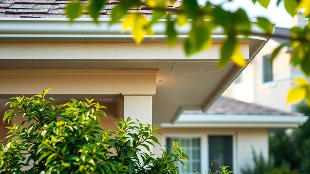 well-maintained residential roofline featuring soffit, fascia, and gutters in a photorealistic lifelike style, highlighting the connection between the elements, inviting appearance, lush garden, natural color tones, morning sunlight, crisp focus, main keyword: soffit, fascia, gutters