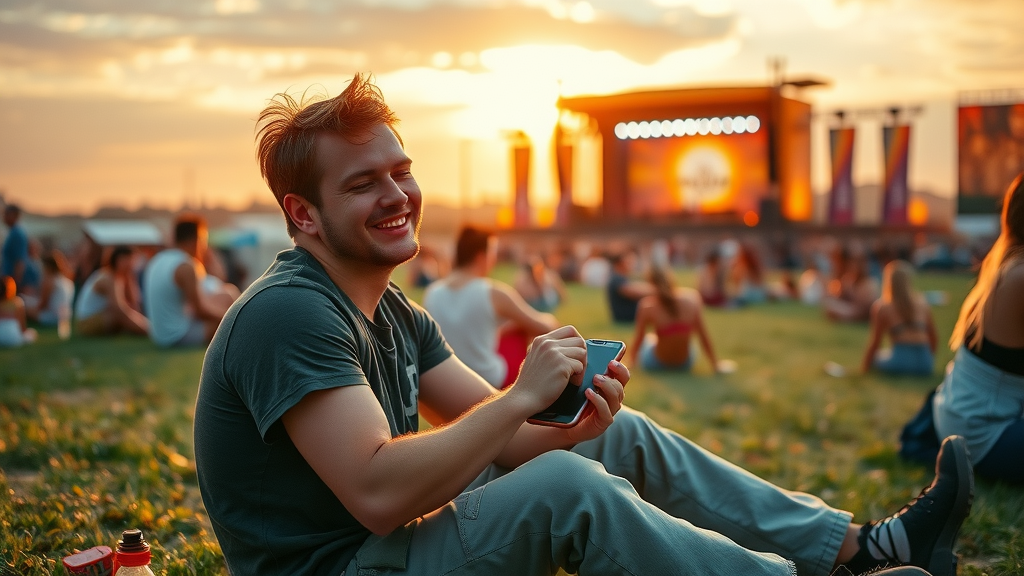 Happy Lehigh Valley music fest fans at sunset, reviewing lineup app on open grass