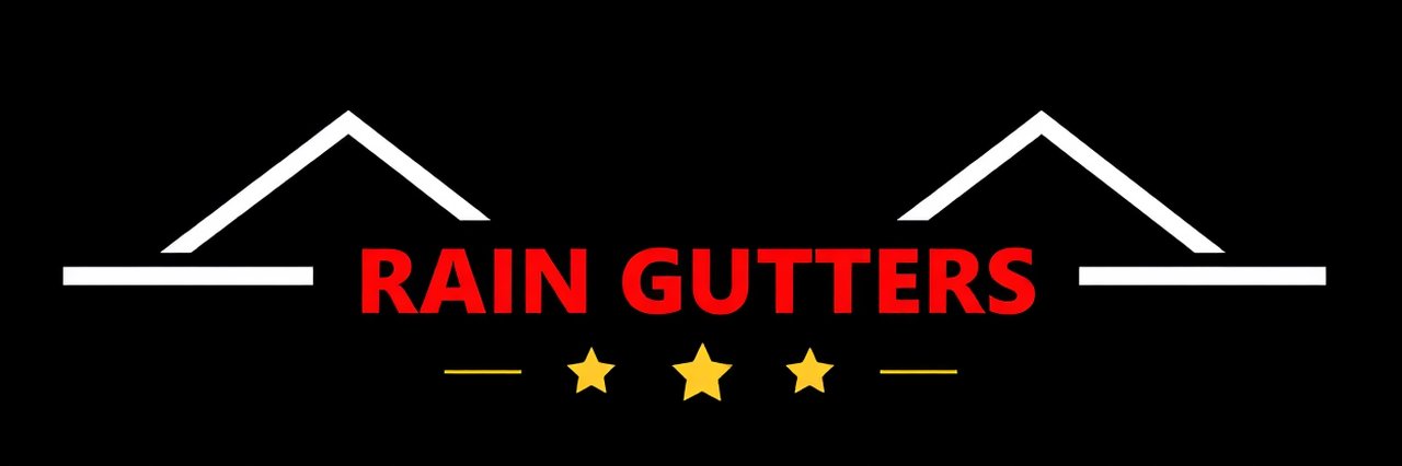 Minimalist rain gutter logo with houses, red text and gold stars on black