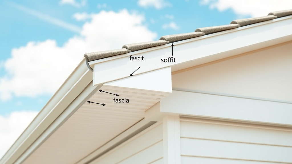 cross-section diagram of house eaves showing labeled soffit, fascia, and gutters, educational visual, blueprint-style, roof and sky sectional, main keyword: soffit, fascia, gutters