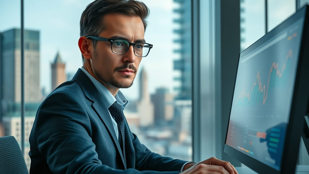 Small business executive analyzing ROI dashboard for AI software and solutions