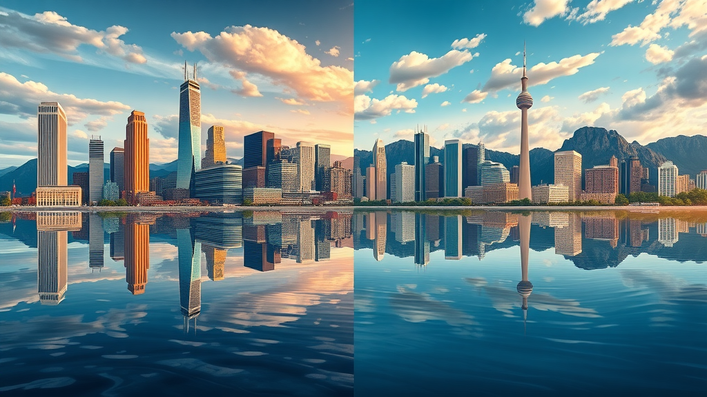 comparison of Salt Lake City, Chicago, Cleveland, and Toronto skylines reflected on their lakes – salt lake, utah
