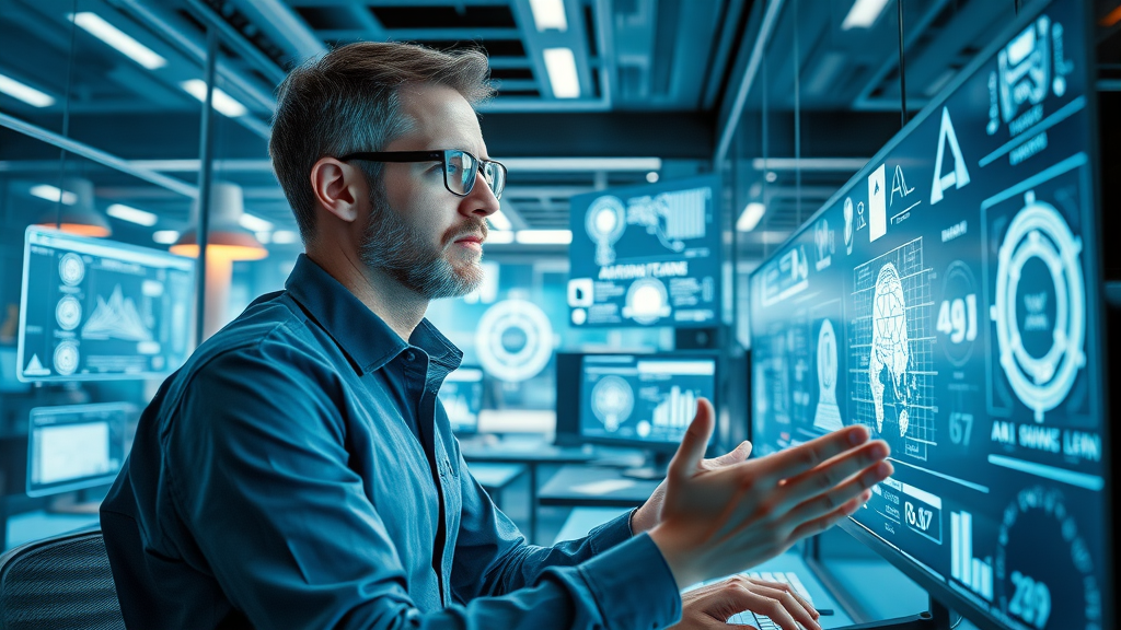Visionary small business owner monitoring AI tech trends in a high-tech workspace