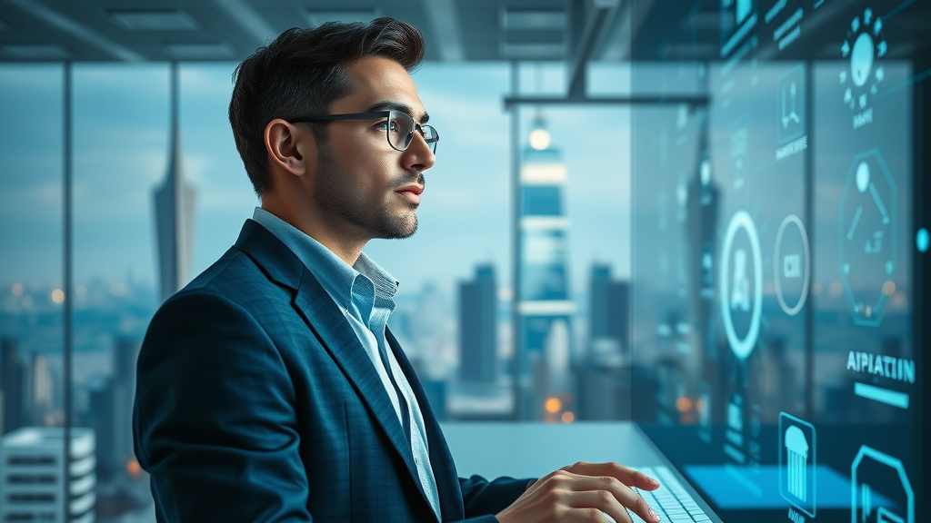forward-looking small business owner envisioning success with ai, digital interface, cityscape, ai tools for small businesses