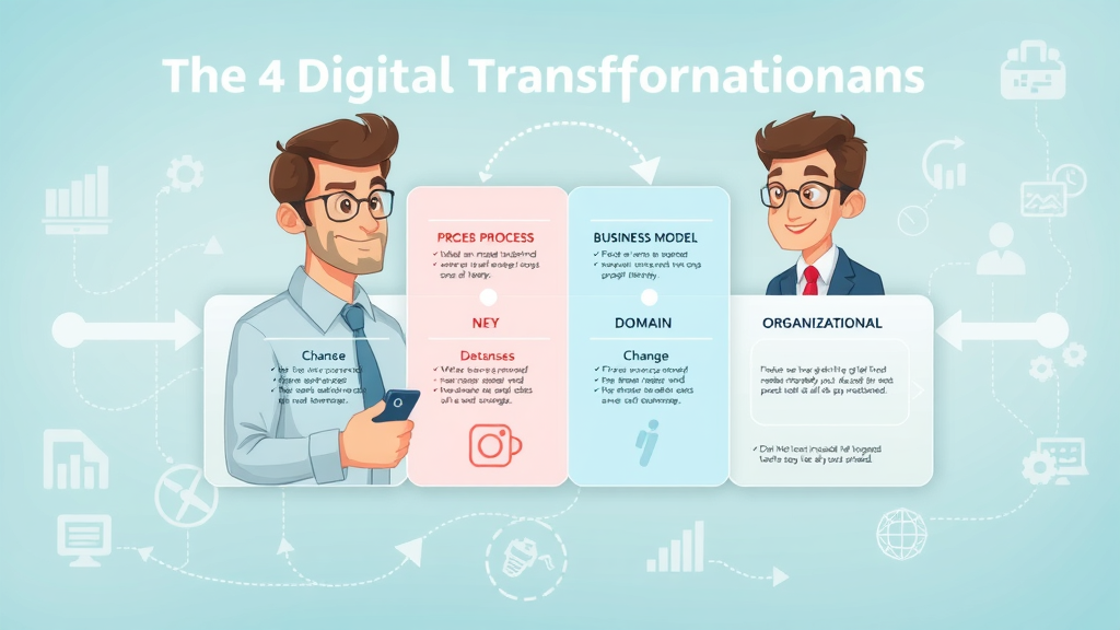 4 types of digital transformation for small businesses illustrated with process, business model, domain, and organizational change