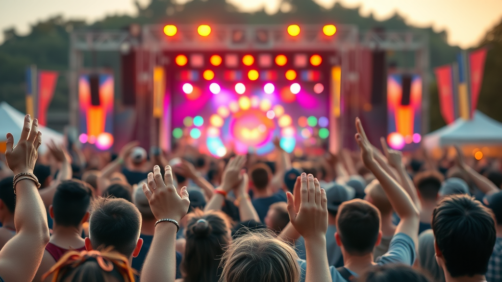 Vibrant music fest crowd at Lehigh Valley, outdoor stage, hands up in golden hour