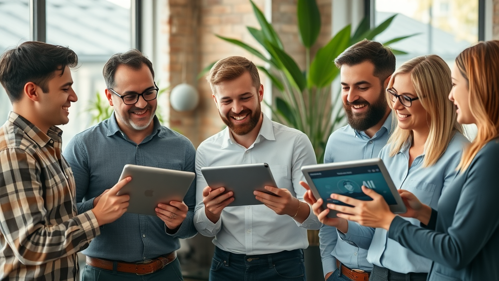 Small business owners collaborating on AI-powered digital tablets in a cozy modern office, showcasing cost-effective AI solutions