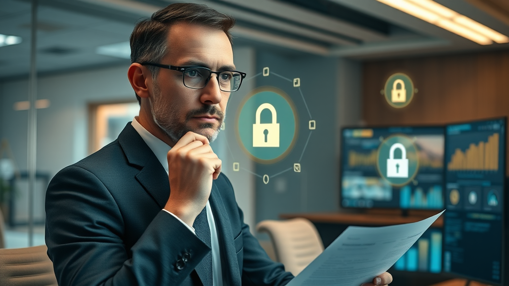 Ethical AI symbol, business executive evaluating compliance workflows and privacy documentation