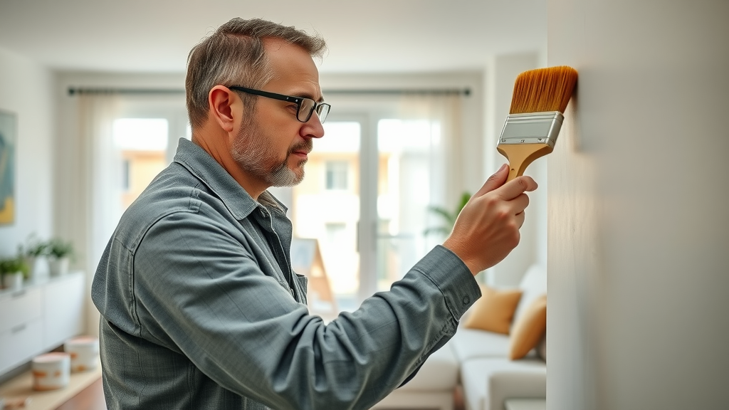 Professional house painter applying paint in a protected modern living room.