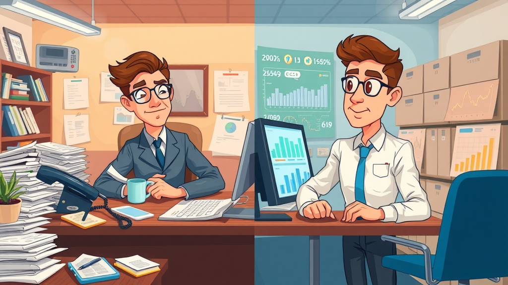 Traditional vs AI-powered sales prospecting compared, split office with manual and digital processes for lead scoring