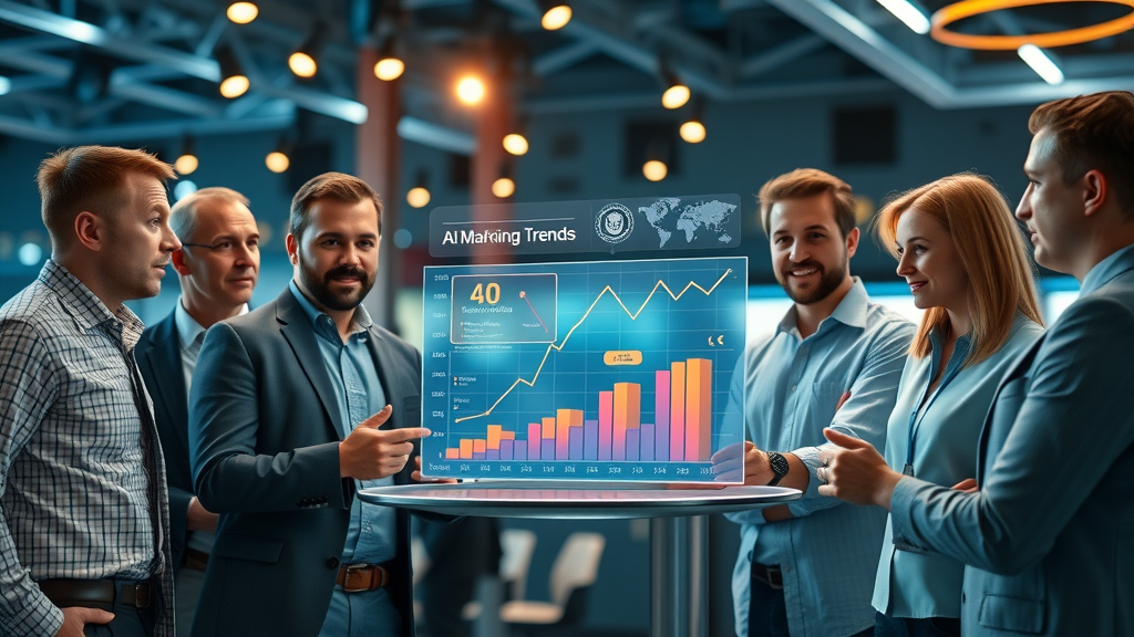 Business team analyzing AI marketing strategy trends and interactive digital graphs