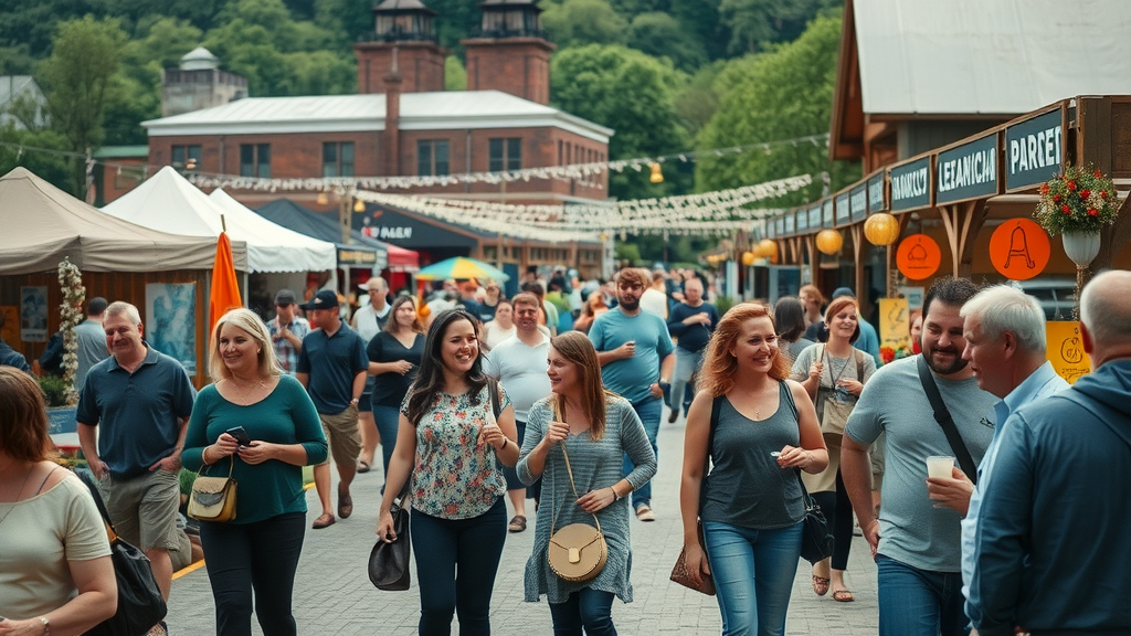 Lehigh Valley music festival scene, artisan stalls, steel stage backdrop, festive crowd