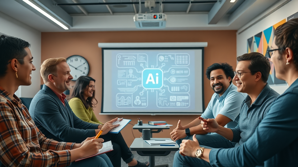 Diverse small business team participating in AI tools training session, promoting AI adoption