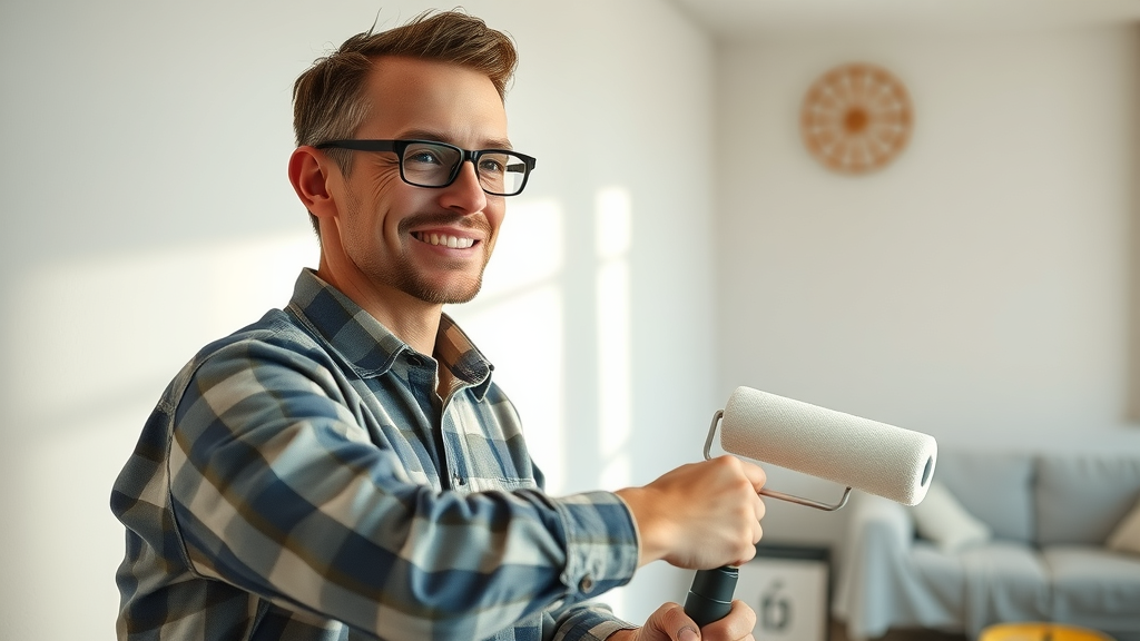 House painter rolling paint on wall with even coverage and top tools in bright room.