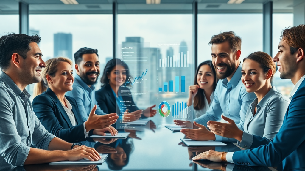 AI-powered sales prospecting with diverse sales professionals using predictive CRM software and animated analytics dashboards