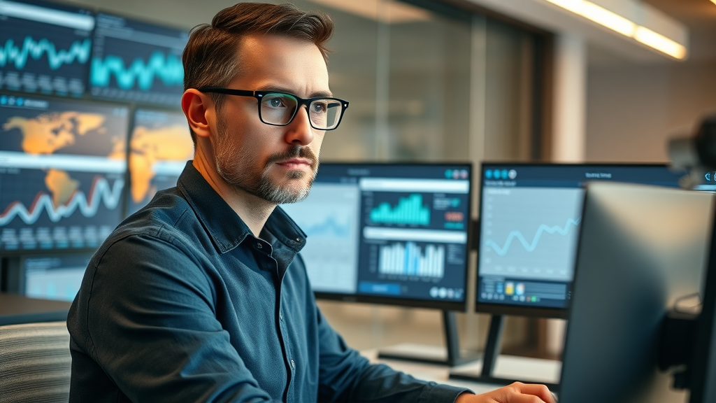Tech-savvy sales analyst studying predictive analytics dashboards, viewing performance improvement metrics for AI-powered sales optimization