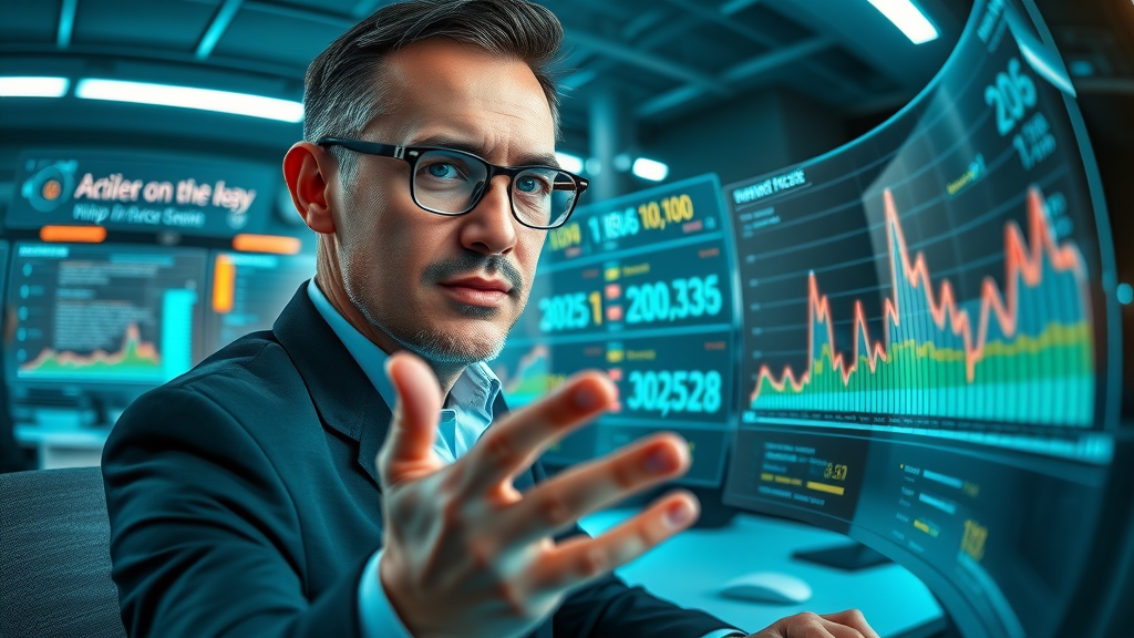 Sales professional using real-time dashboard for predictive analytics and sales optimization, with animated sales data and alerts