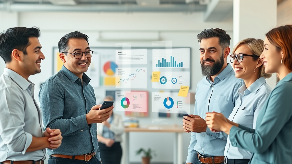 Collaborative sales team and data specialists using AI-powered digital boards for sales optimization strategy planning