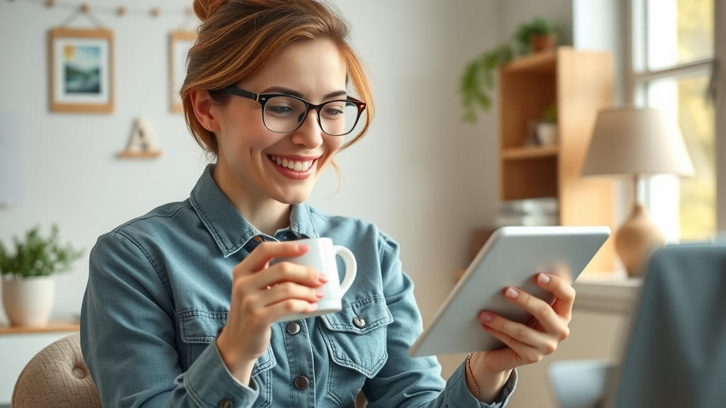 cheerful small business owner using free ai software on tablet, organized workspace, pastel colors, ai tools for small businesses