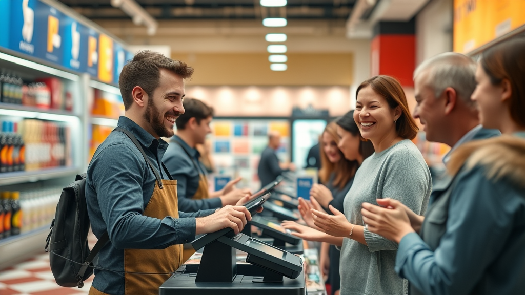 Retail store staff using AI-based point-of-sale system, boosting operational efficiency and customer satisfaction