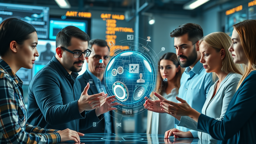 AI analytics collaborative team brainstorming real-time data streams in a tech-driven workspace