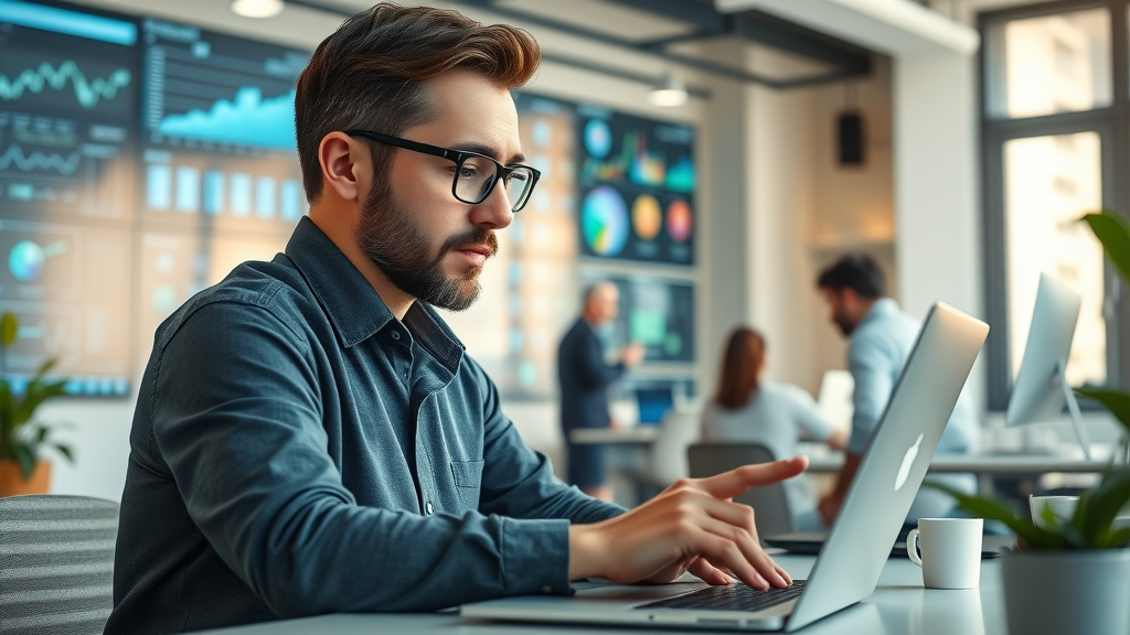 ai tools for small businesses modern office setting, business owner exploring AI tools on laptop, digital screens with data, photorealistic, business activity in background
