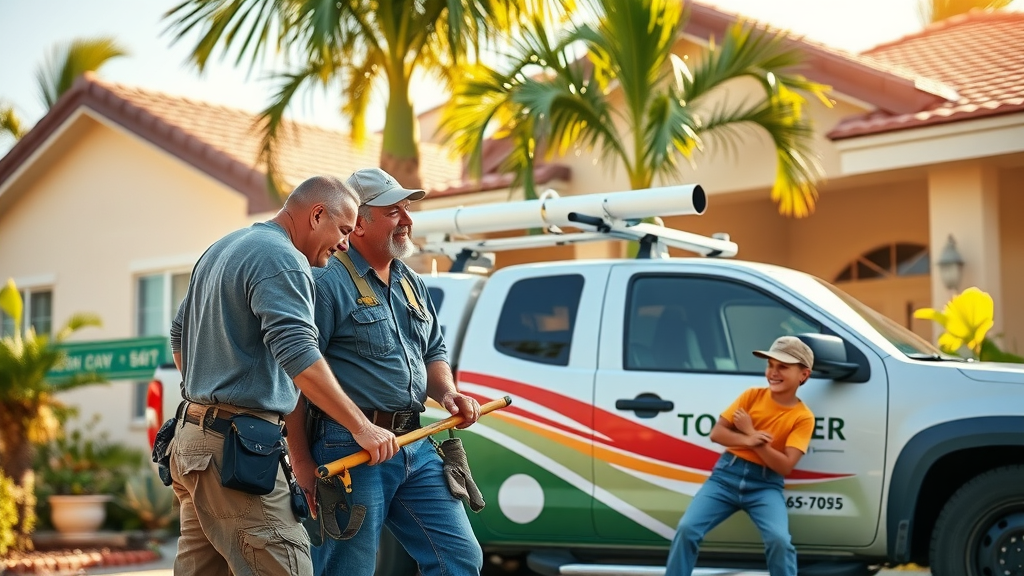 friendly local gutter installation crew with branded truck working on Fort Myers home, seamless gutter system, sunny day, palm trees, main keyword: gutter installation, seamless gutters, fascia gutters