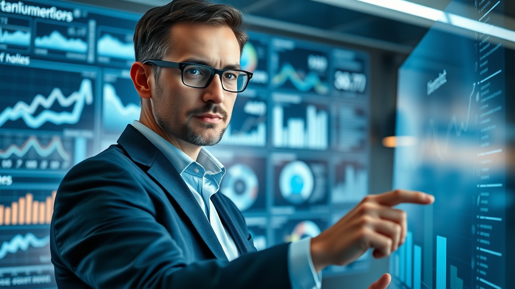 AI-driven business analytics dashboard with real-time data and interactive digital screens in a modern office