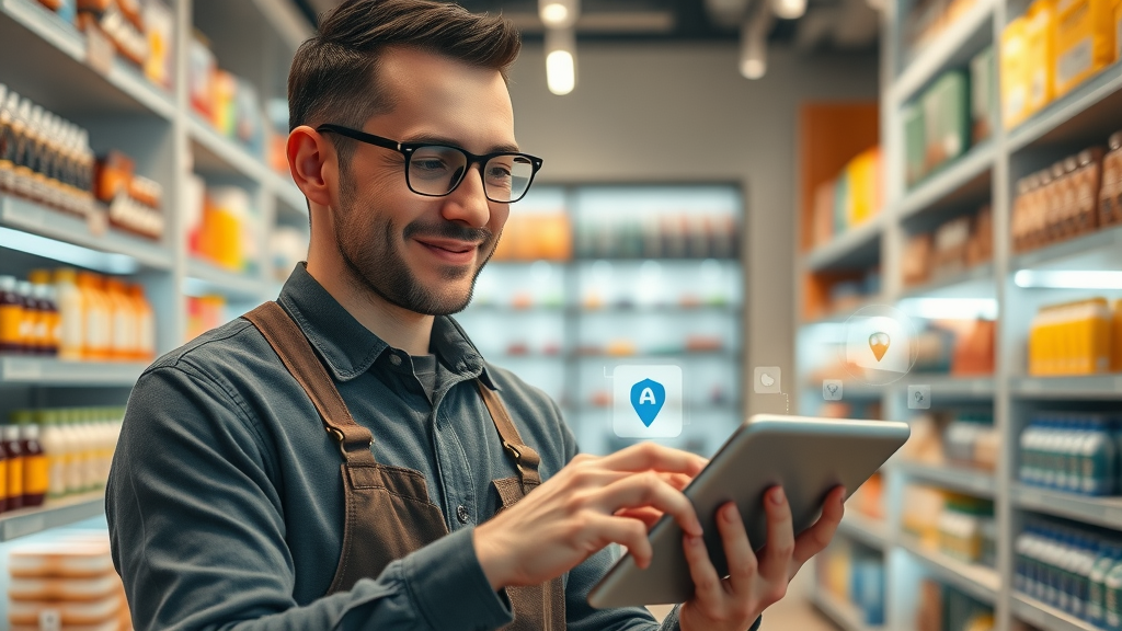 Retail shop owner using AI-powered tablet for inventory management, demonstrating small business AI tools