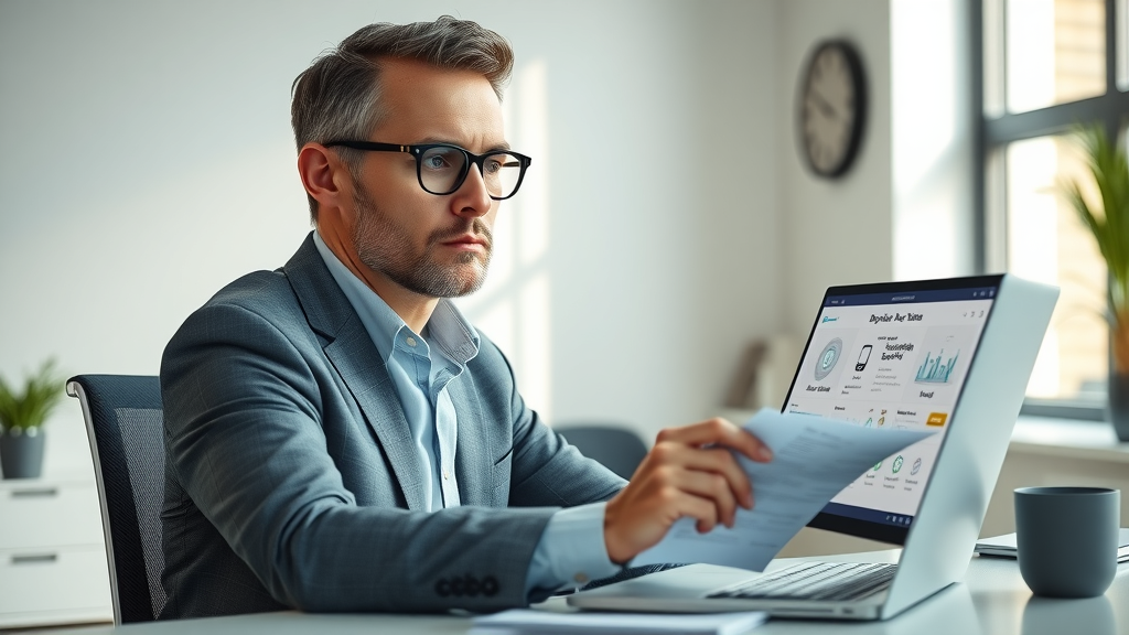 Business owner comparing AI tool options for small business in modern tech office