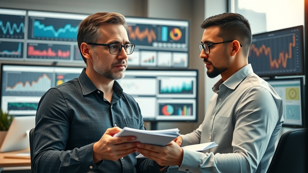 business owner comparing ai tool options with dashboards, photorealistic, evaluative, modern office, ai tools for small businesses