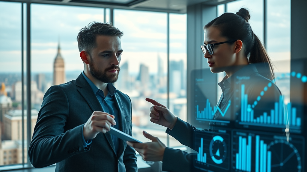 AI marketing strategies team analyzing interactive data in a modern digital marketing office