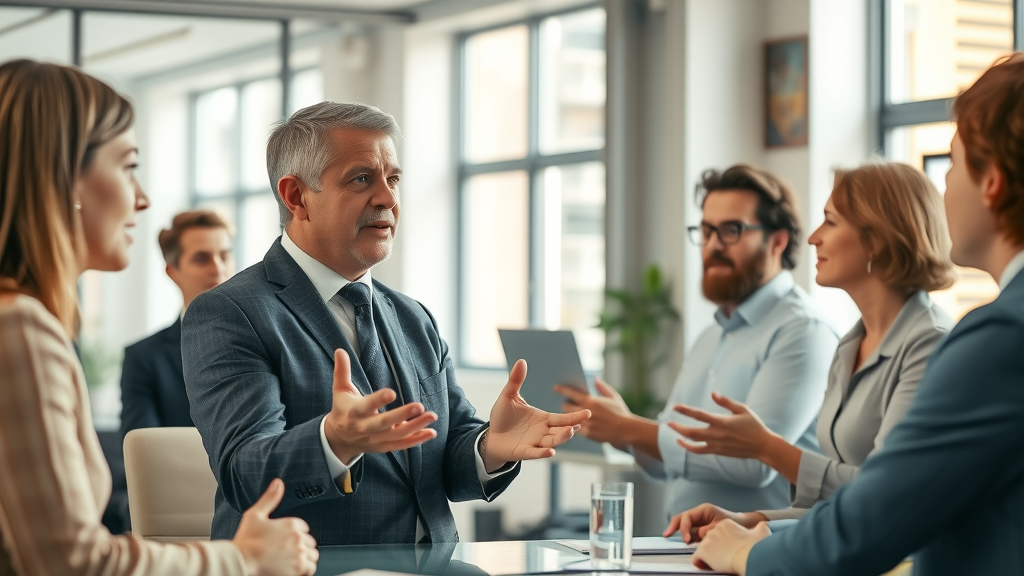 Small business manager addressing hesitant employees with support during digital transformation